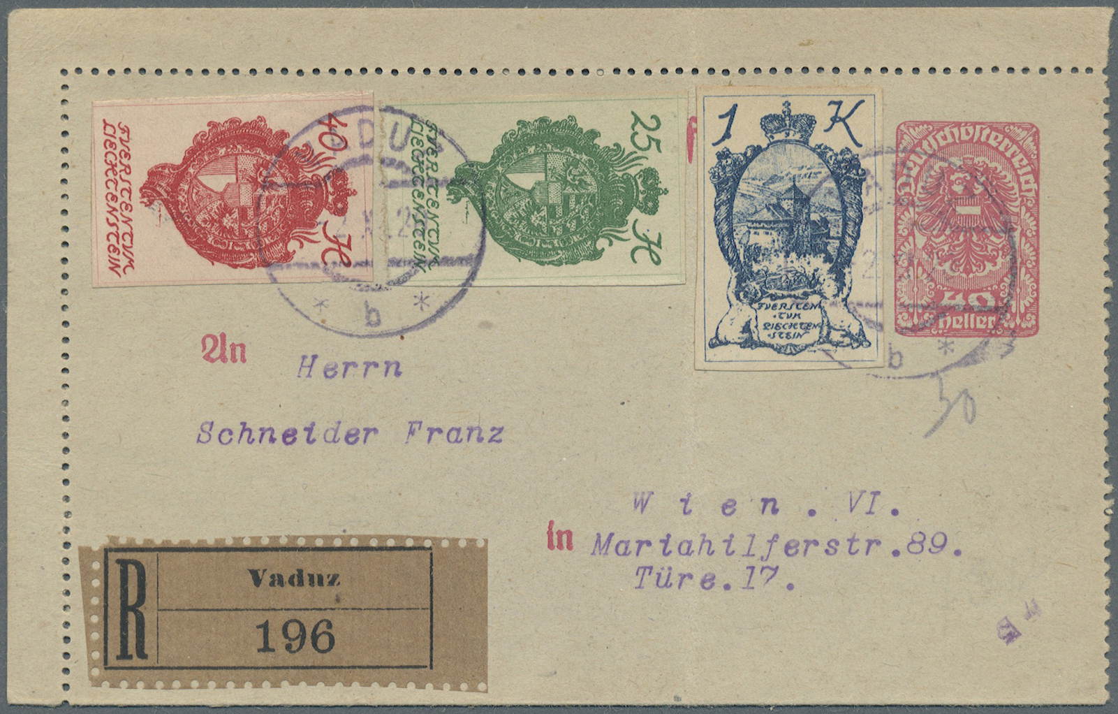 GA Liechtenstein: 1920 Mitläufer Österreich 25 H.,40 H. + 1 K. Als ZuF Auf 40 H. Ganzsachenkartenbrief Mit Link.+ - Lettres & Documents