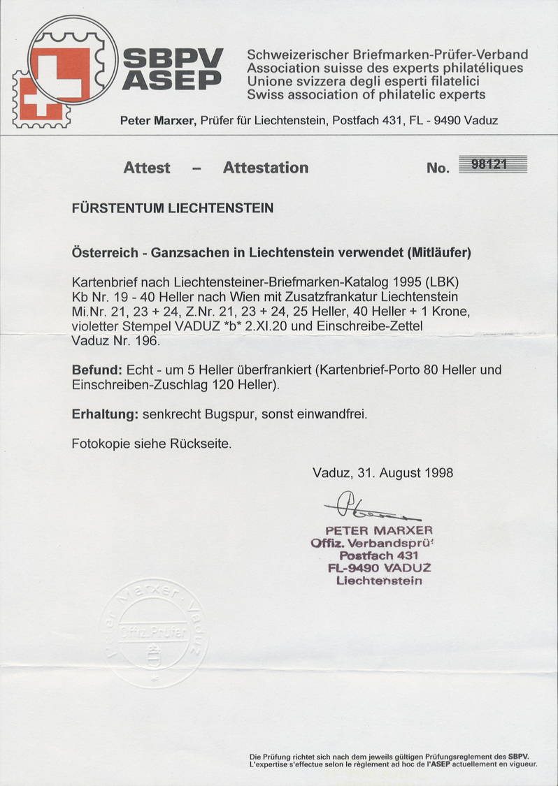 GA Liechtenstein: 1920 Mitläufer Österreich 25 H.,40 H. + 1 K. Als ZuF Auf 40 H. Ganzsachenkartenbrief Mit Link.+ - Covers & Documents