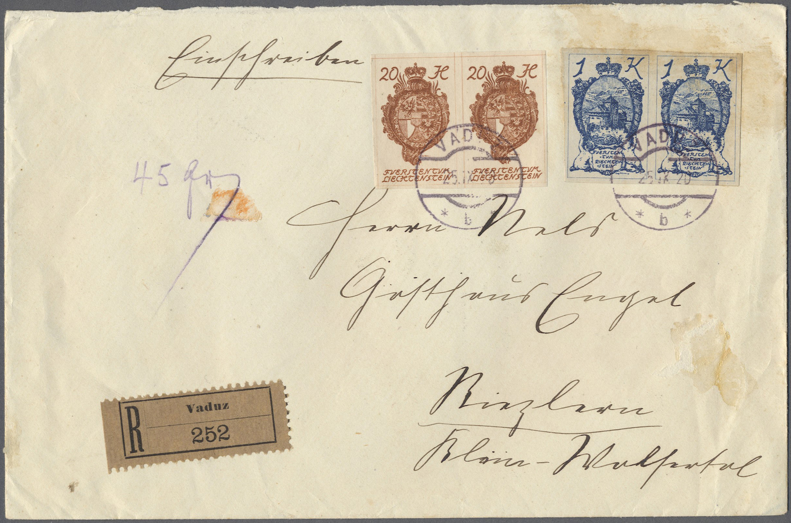 Br Liechtenstein: 1920. Registered Envelope Addressed To Riezlern Bearing Yvert 28, 20h Brown (imperf Pair) And Y - Covers & Documents