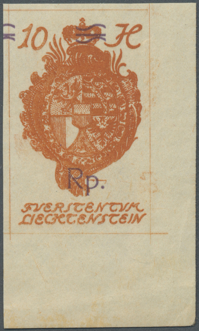 ** Liechtenstein: 1921, Freimarke: Landeswappen (2 Rp) Auf 10 H, Postfrische Bogenecke Rechts Unten Mit FEHLENDER - Covers & Documents
