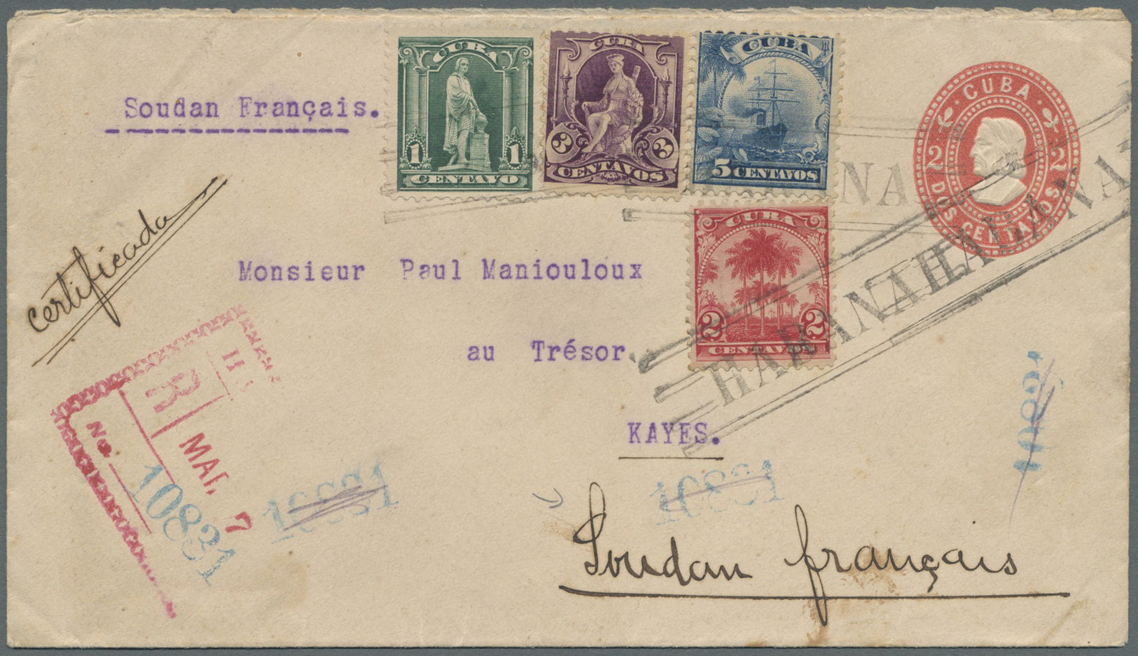 GA Cuba: 1908. Registered Cuban Postal Stationery Envelope 2c Scarlet Upgraded With United States Occupation Yvert 142,  - Other & Unclassified