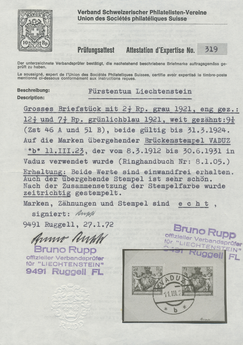 Brrst Liechtenstein: 1921, Freimarken: Landeswappen Mit Putten 7½ Rp. Grünlichblau, Weit Gezähnt, Zusammen Mit 2½ Rp - Covers & Documents