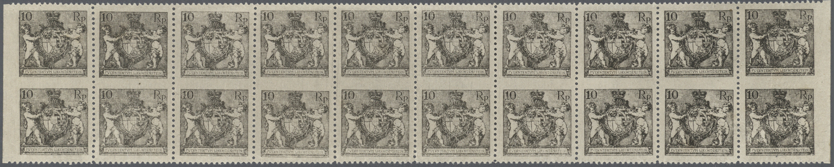 ** Liechtenstein: 1921. 10 Rappen Wappen, B-Zähnung, Postfrischer, Waagerechter 20er-Schwarzdruck-Block, Dabei De - Covers & Documents