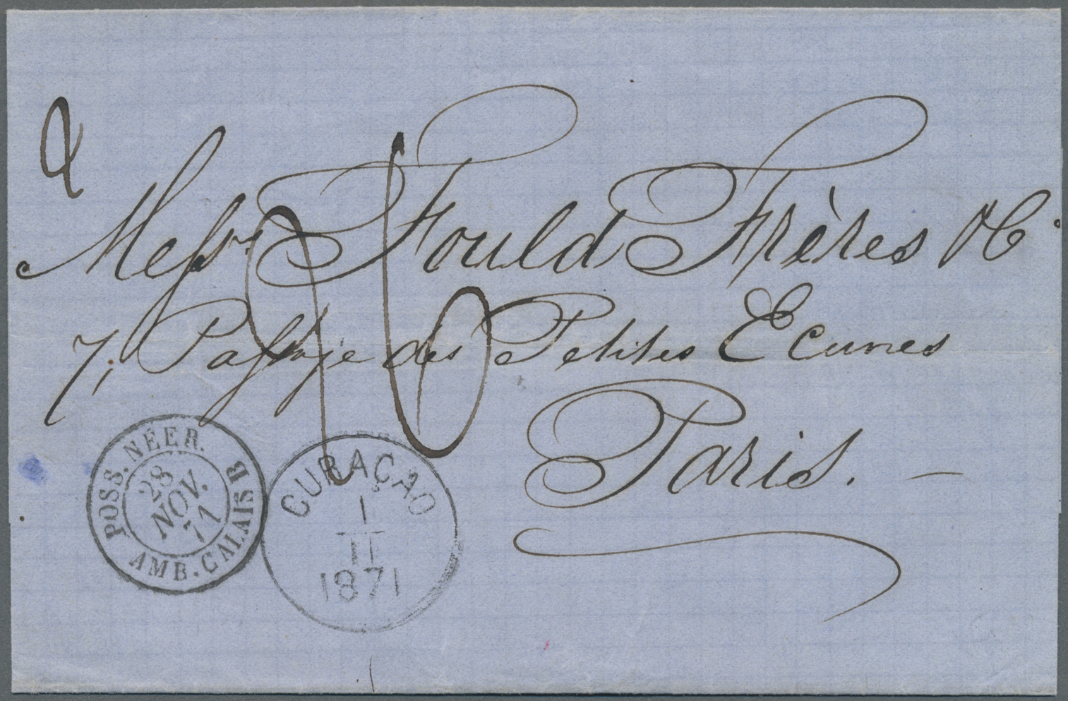 Br Curacao: 1871, Folded Letter  Sent From CURACAO 1.11. 1871 To France. Scarce Transitmark Used For Letters From Nether - Curacao, Netherlands Antilles, Aruba