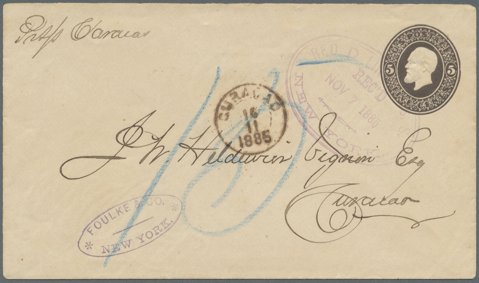 GA Curacao: 1885. United States Postal Stationery Envelope 5c Brown Canceled By Oval 'Red D Line Of S.S. New York' In Vi - Curacao, Netherlands Antilles, Aruba