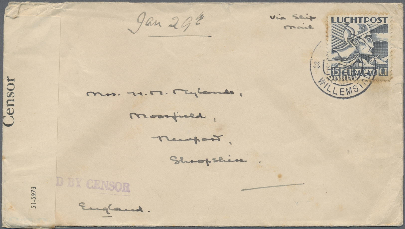 Br Curacao: 1940. Air Mail Envelope Addressed To England Bearing Air Mail Yvert 5, 15c Grey Tied By Willemstad Date Stam - Curacao, Netherlands Antilles, Aruba