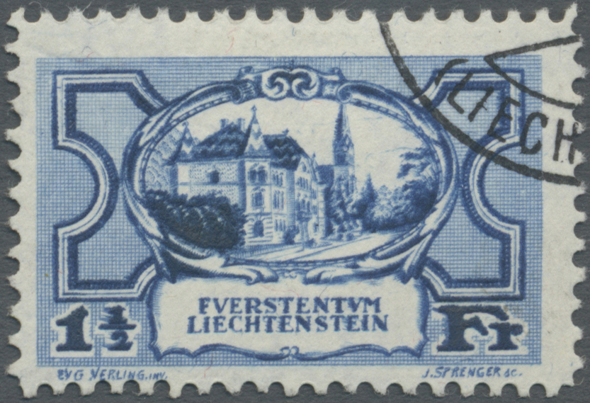 O Liechtenstein: 1925, 1 1/2 Fr. Blau Auf Faserpapier Mit Deutlichem DOPPELDRUCK (nach Links Verschoben) Gestemp - Lettres & Documents