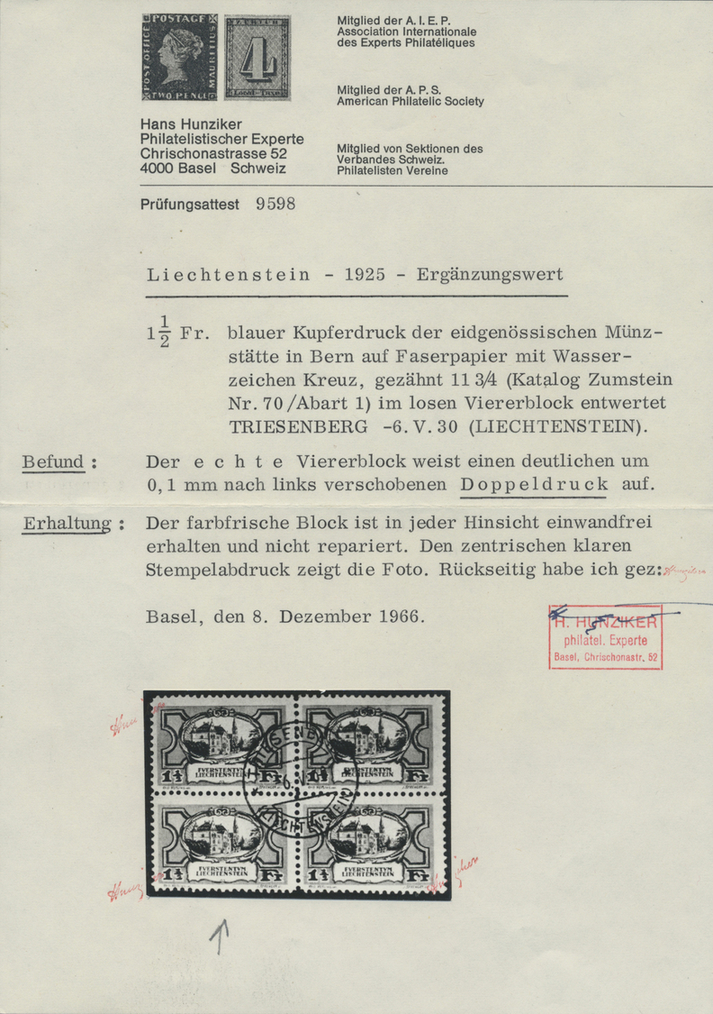 O Liechtenstein: 1925, 1 1/2 Fr. Blau Auf Faserpapier Mit Deutlichem DOPPELDRUCK (nach Links Verschoben) Gestemp - Lettres & Documents
