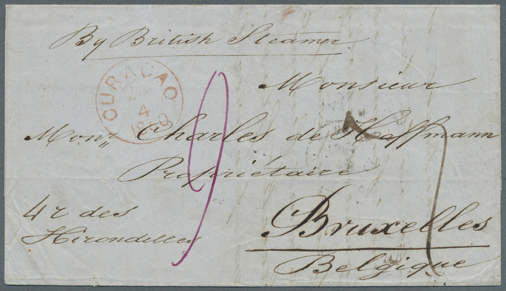 Br Dänisch-Westindien: 1860. Stampless Envelope Written From Curacao Dated '23rd April 1860' Addressed To Belgium Via Sa - Denmark (West Indies)