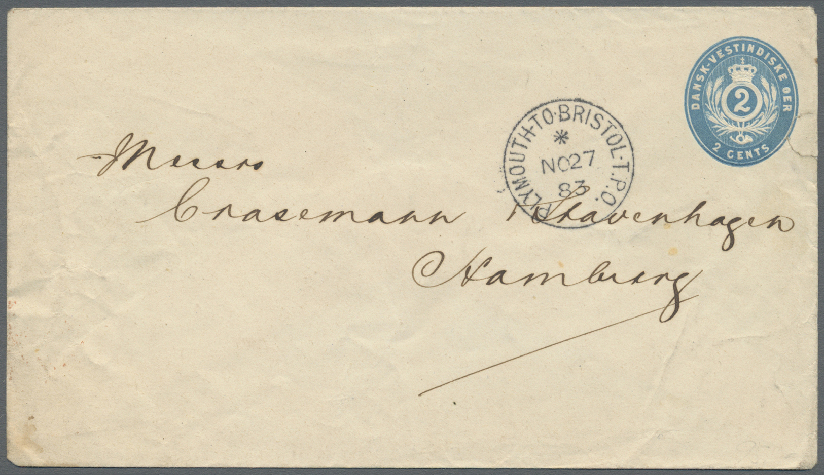 GA Dänisch-Westindien: 1883, 2 C Blue Postal Stationery Envelope (small Faults/tear), Addressed To The Merchants Crasema - Denmark (West Indies)