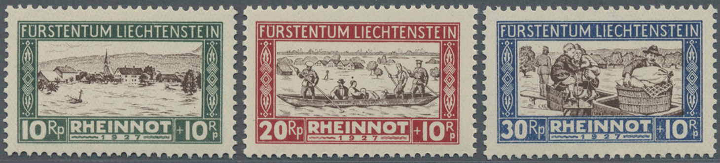 ** Liechtenstein: 1928, Hochwassergeschädigte 10 Rp.-30 Rp., Drei Postfrische Werte, Je Mit PLATTENFEHLER, Taufri - Lettres & Documents