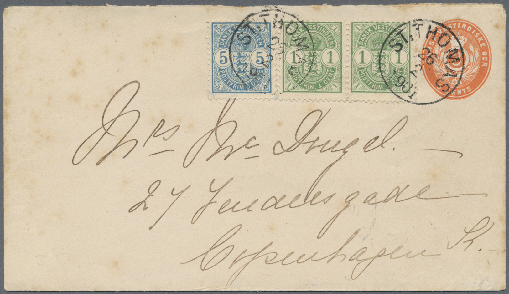 GA Dänisch-Westindien: 1901, Envelope 3 Oe. Uprated 1 Oe. Green Pair, 5 Oe. Canc. "ST. THOMAS 26 2 1901" To Denmark W. A - Denmark (West Indies)
