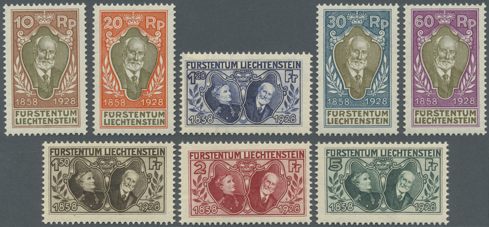 ** Liechtenstein: 1928, 70 Jahre Regentschaft Johann II., Perfekt Zentrierte Luxusserie, (S.B.K.=SFr. 1.400,-). - Lettres & Documents