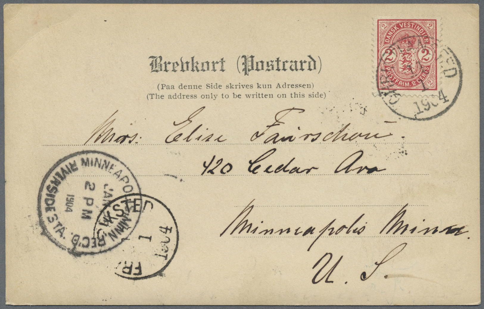 Br Dänisch-Westindien: 1903, Coat Of Arms 2 C. Red Tied By Cds. "CHRISTIANSTED 11.1.1904" To Photo View Card With Long T - Danemark (Antilles)