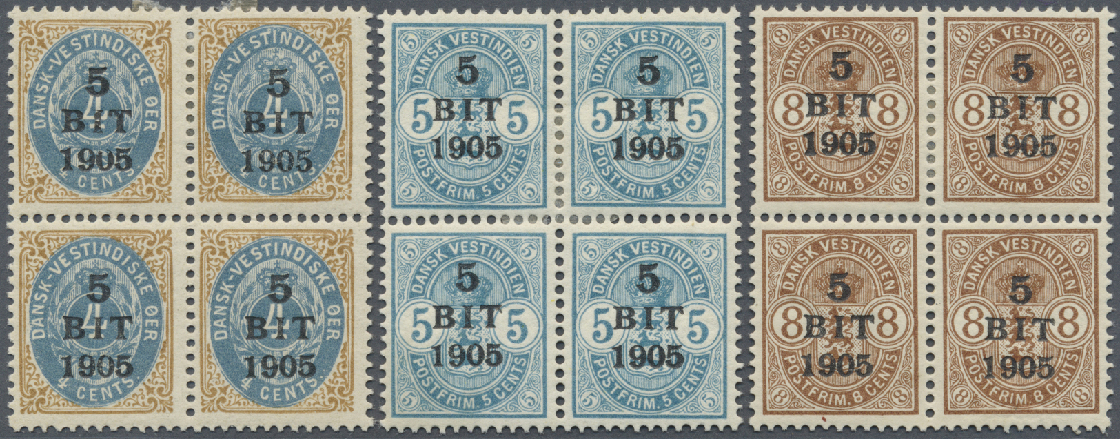 **/* Dänisch-Westindien: 1905, Ovp Stamps In Blocks Of Four, Upper Stamps Lightly Hinged, The Other Two Mint Never Hinge - Denmark (West Indies)