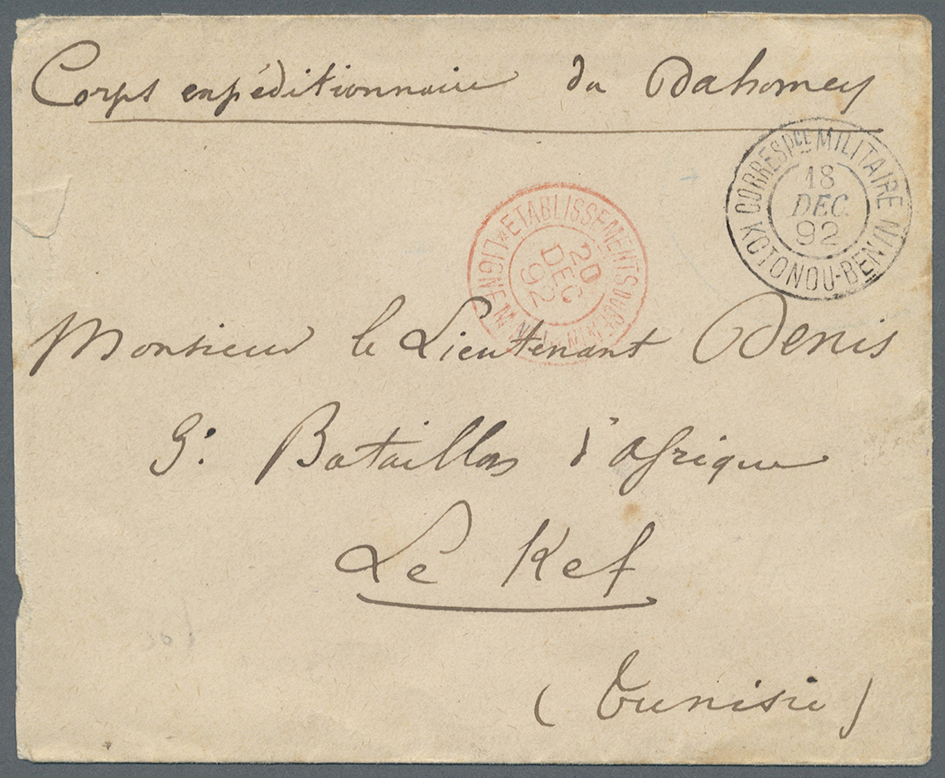 Br Dahomey: 1892. Stampless Envelope (left Side 4 Mm Reduced) Addressed To The '3rd African Battalion, Le Kef, Tunisia'  - Autres & Non Classés