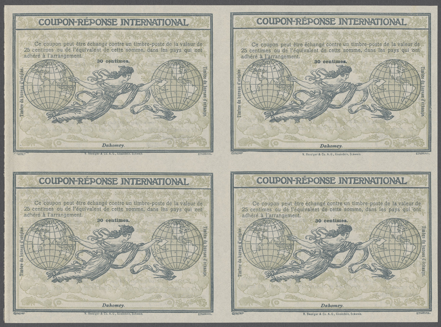 GA Dahomey: Design "Rome" 1906 International Reply Coupon As Block Of Four 30 C. Dahomey. This Block Of International Re - Other & Unclassified