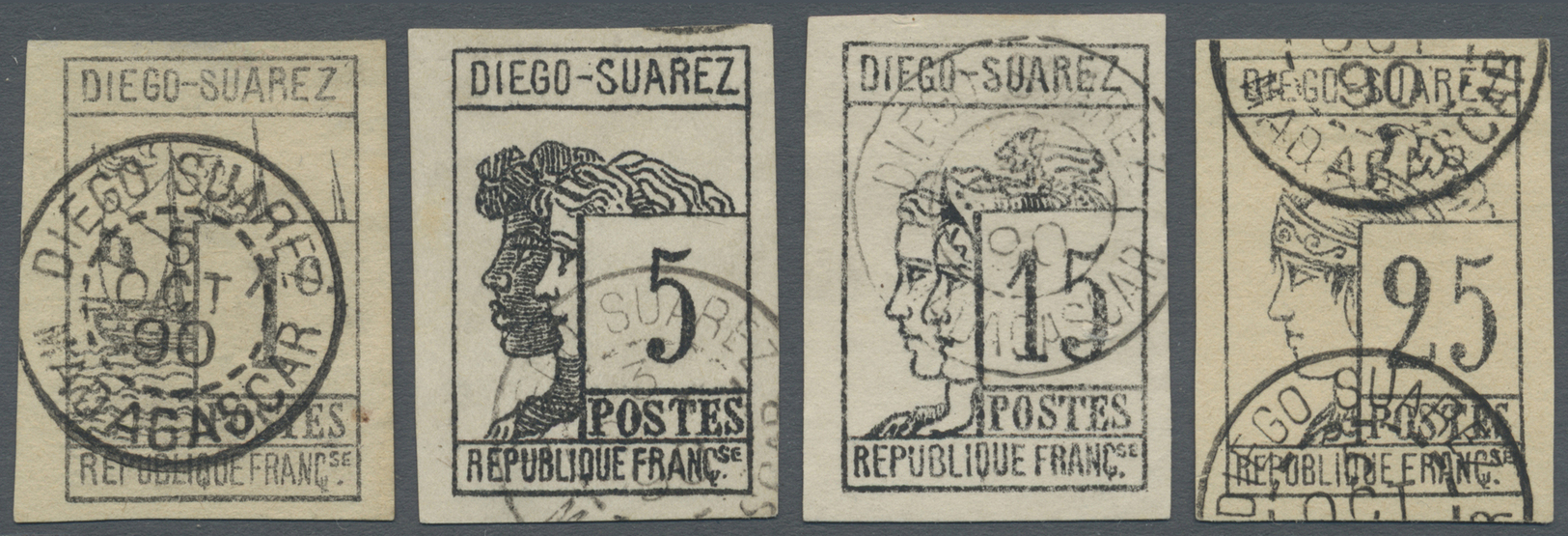 O Diego Suarez: 1890 Complete Set Of Four, Used And Cancelled By Diego Suarez Datestamps (various Dates), The 1c. With T - Other & Unclassified