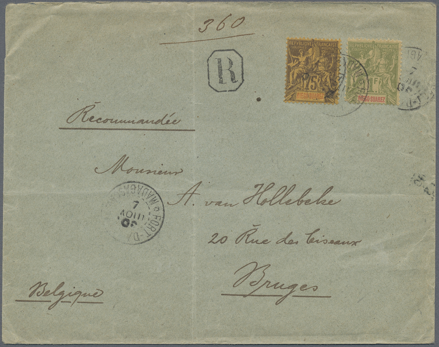 Br Diego Suarez: 1900. Registered Envelope To Belgium Bearing Diego-Suarez Yvert 49, 75c Violet/yellow And Yvert 50, 1f  - Other & Unclassified