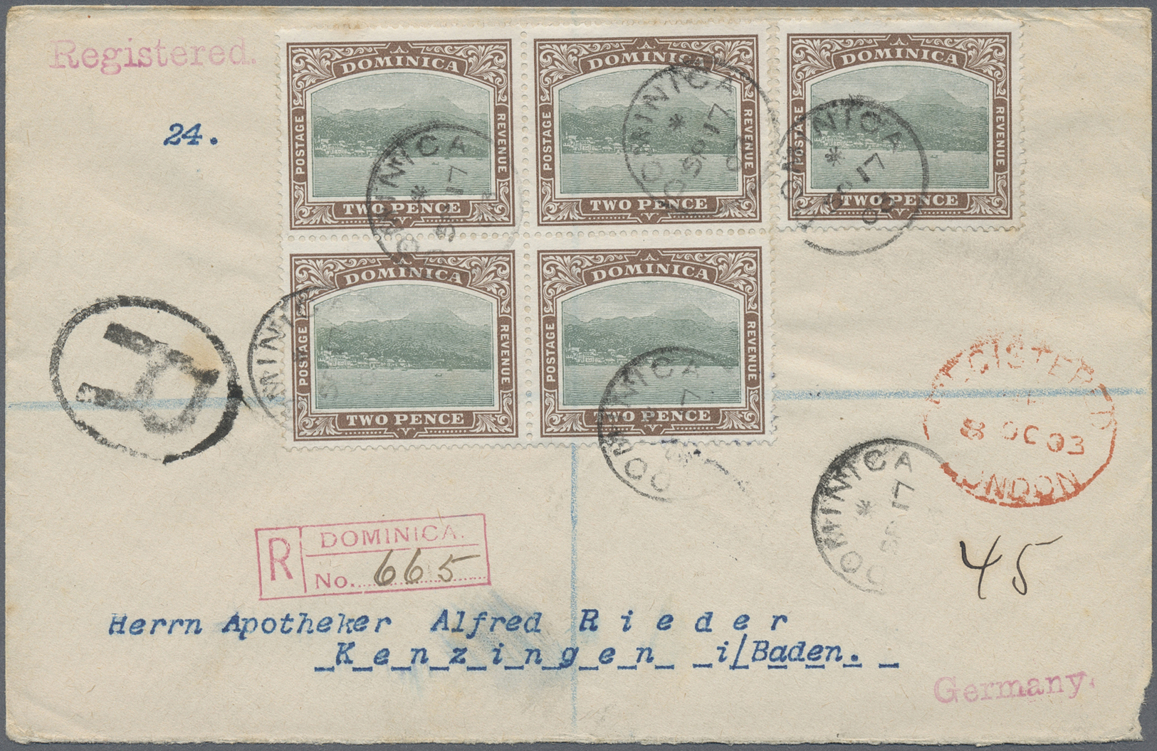 Br Dominica: 1903, 2 D Defnitives In Block Of Four And One Single On Registered Letter From DOMINICA Via London To Germa - Dominica (1978-...)