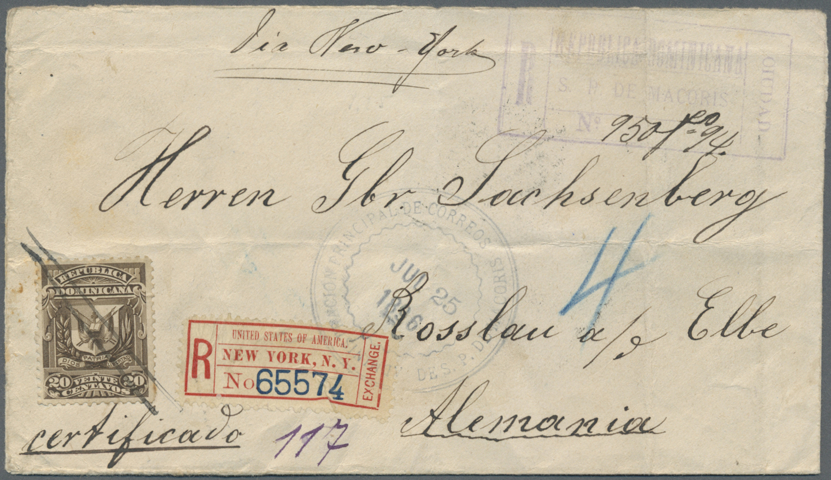 Br Dominikanische Republik: 1896, Freimarke 20 C Auf Brief Mit Reco-Stempel Von San Pedro De Macocris Nach Rosslau/ Elbe - Dominican Republic