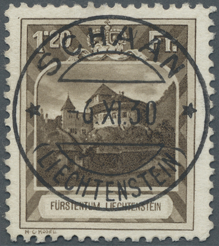O Liechtenstein: 1930, Freimarke 1,20 Fr Schwarzockerbraun 'Schloss Vaduz', Gezähnt L 10½, Genau Mittig Mit Glas - Lettres & Documents