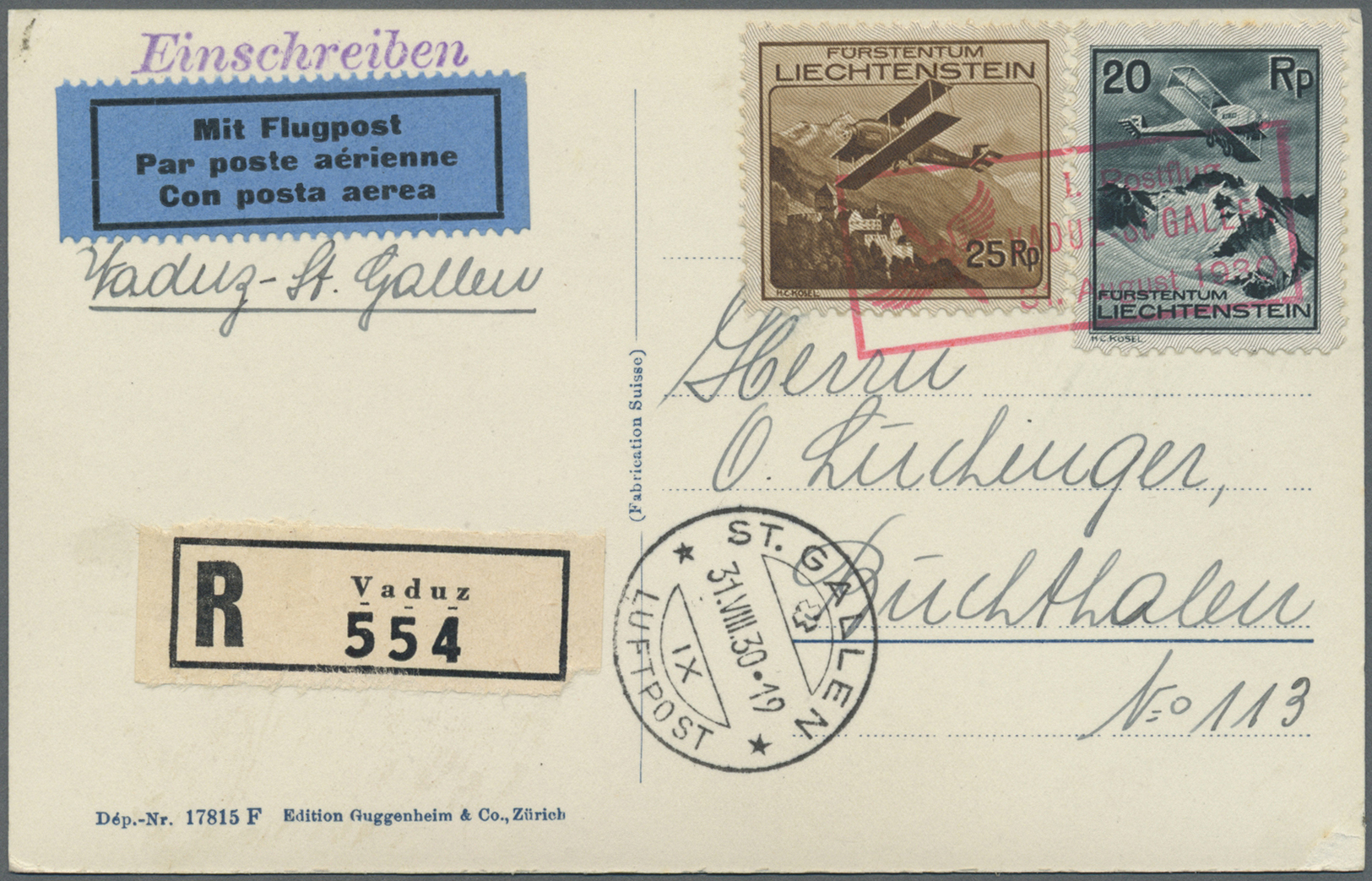 Br Liechtenstein: 1930/1935, Zwei Flugpostbriefe Sowie Zwei Flugpostkarten Mit Unterschiedl. Frankaturen Der Flug - Lettres & Documents