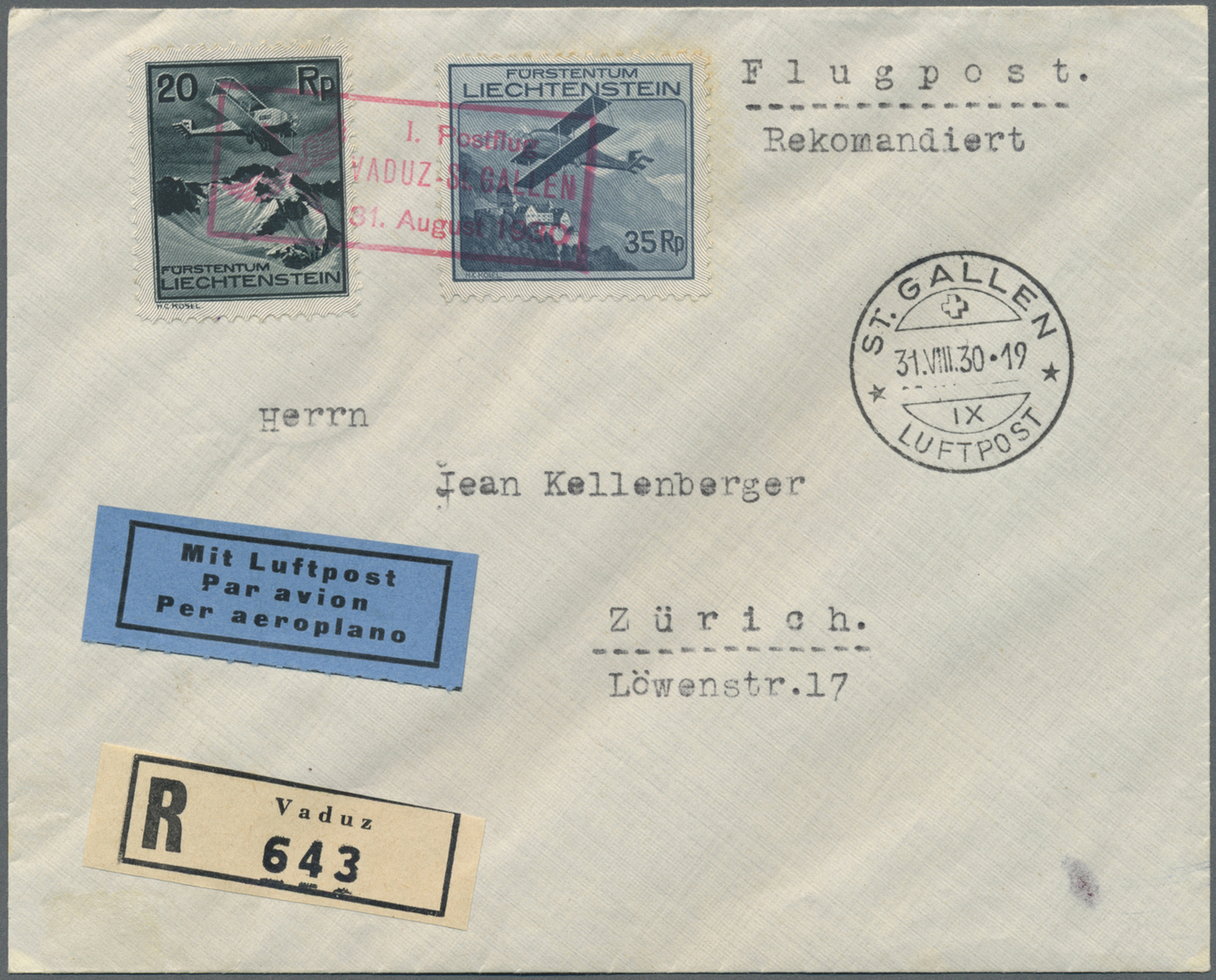 Br Liechtenstein: 1930/1935, Zwei Flugpostbriefe Sowie Zwei Flugpostkarten Mit Unterschiedl. Frankaturen Der Flug - Lettres & Documents