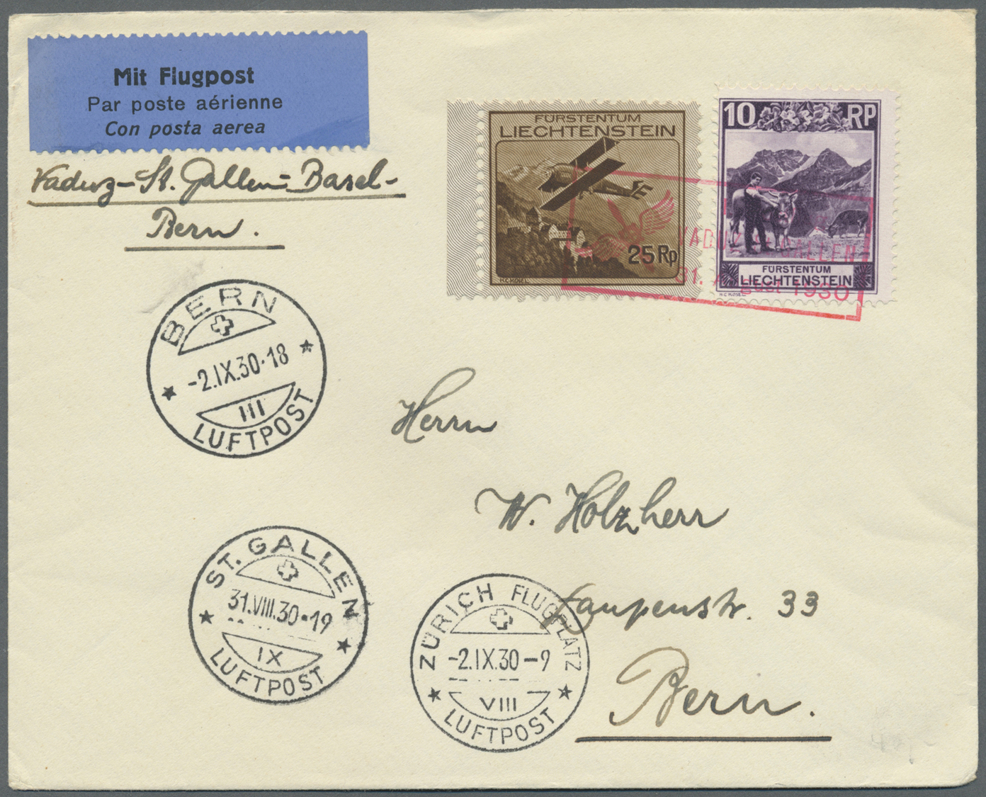 Br Liechtenstein: 1930/1935, zwei Flugpostbriefe sowie zwei Flugpostkarten mit unterschiedl. Frankaturen der Flug