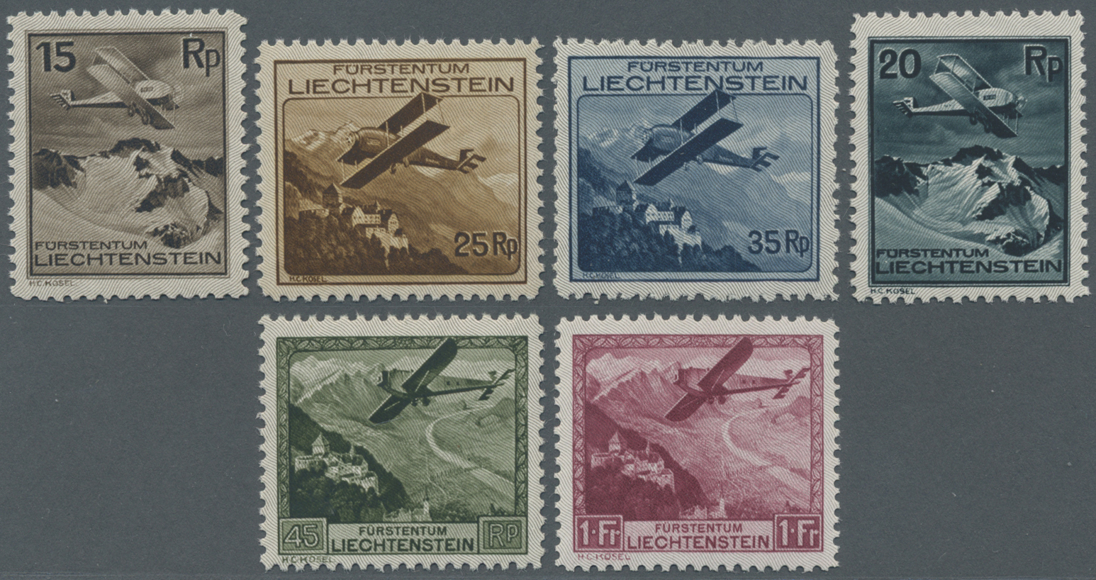 ** Liechtenstein: 1930, Flugzeug über Landschaften, Tadellos Postfrische Serie In Linienzähnung (S.B.K SFr. 750,- - Lettres & Documents