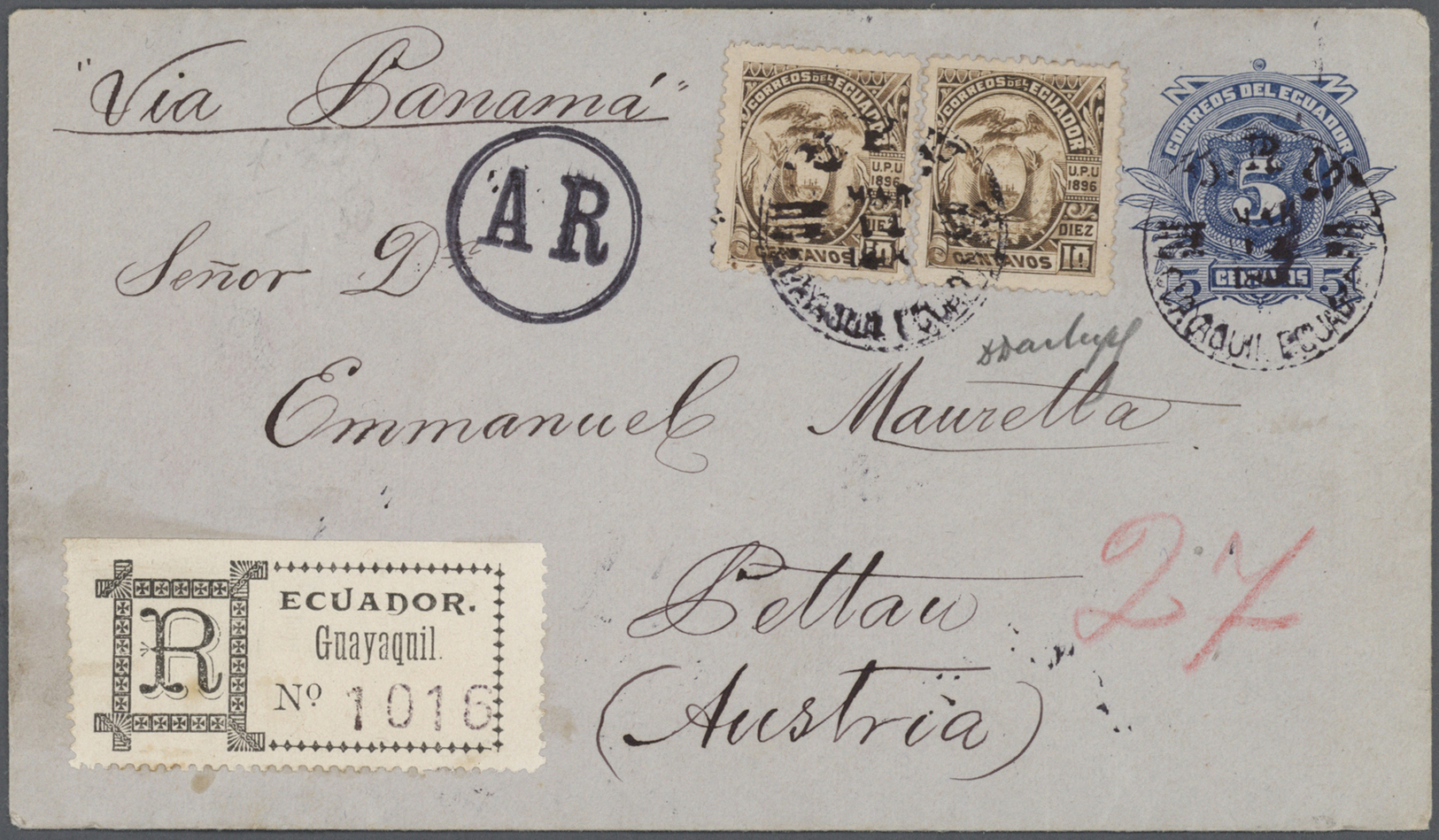 GA Ecuador - Ganzsachen: 1896 "Avis De Reception" A Stationery Envelope 5 C Deep-blue Uprated 2x 10 C With Double-line C - Ecuador
