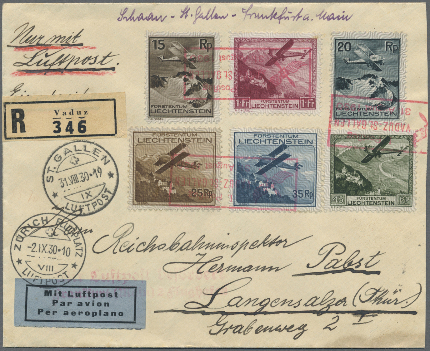 Br Liechtenstein: 1930, Flugzeug über Landschaften, Kompl. Satz Auf Brief Mit Rotem R3 "1.Postflug VADUZ-St.GALLE - Lettres & Documents