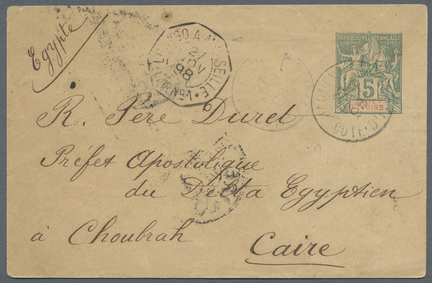 GA Elfenbeinküste: 1898. Postal Stationery Envelope 5c Green (flap Missing) Cancelled By Jacqueville/Cote D 'Ivoire Date - Ivory Coast (1960-...)