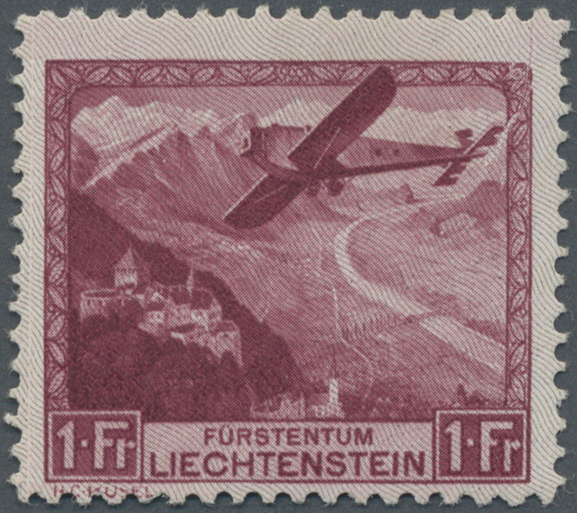 * Liechtenstein: 1930, Flugzeug über Landschaften, 1 Fr Schwärzlichrötlichkarmin Mit PLATTENFEHLER "rechte Obere - Lettres & Documents