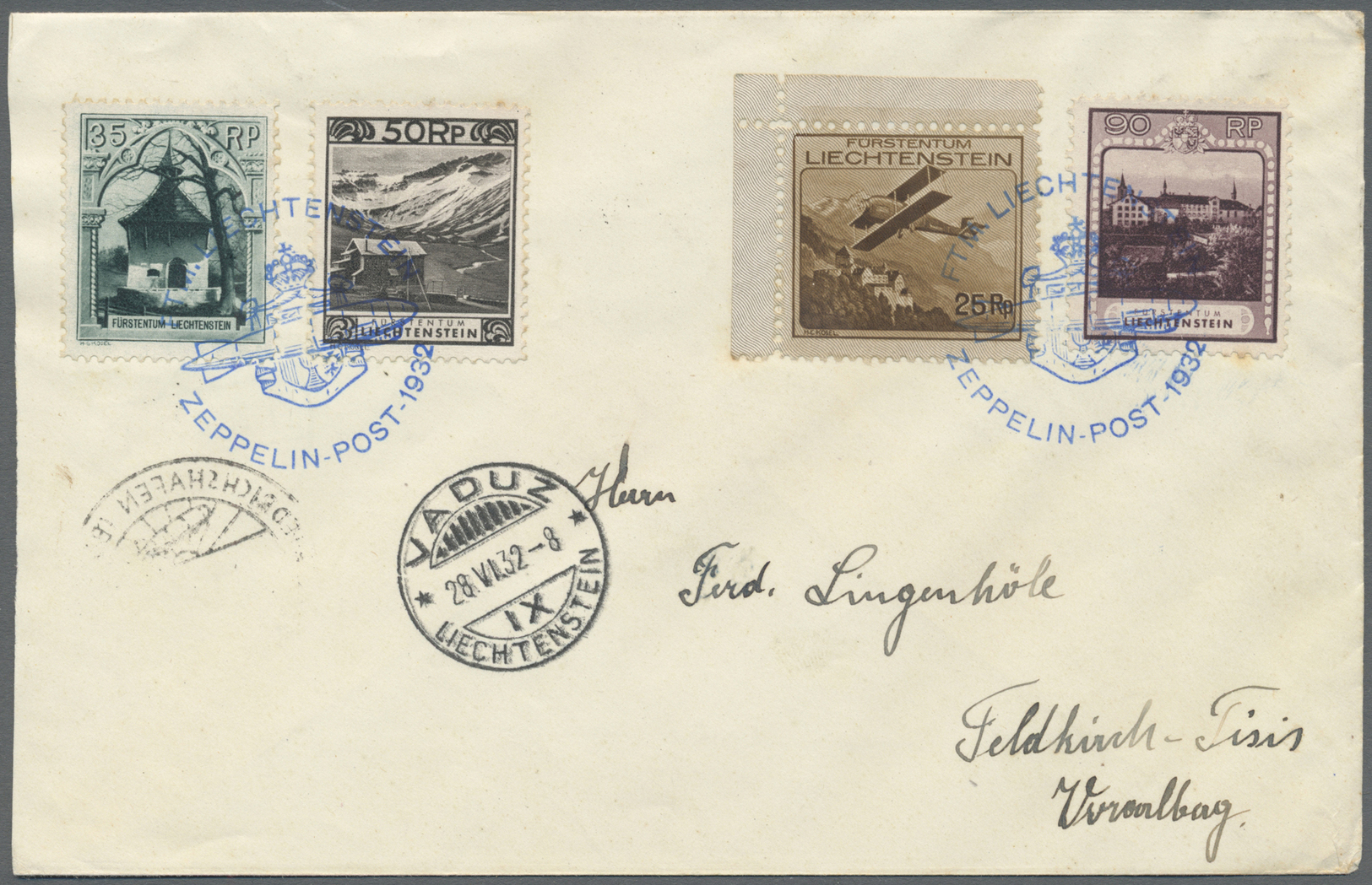 Br Liechtenstein: 1932, 35 Rp., 50 Rp.. 90 Rp. Landschaften Und 25 Rp. Flugpost Auf Zeppelinbrief Der Schweizfahr - Lettres & Documents