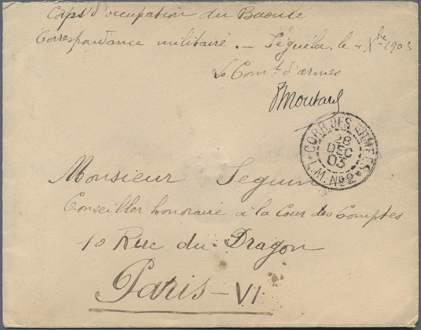 Br Elfenbeinküste: 1913. Stampless Envelope Endorsed 'Corps D'Occupation Du Baoule/Correspondance Militaire Seguela' Dat - Ivory Coast (1960-...)