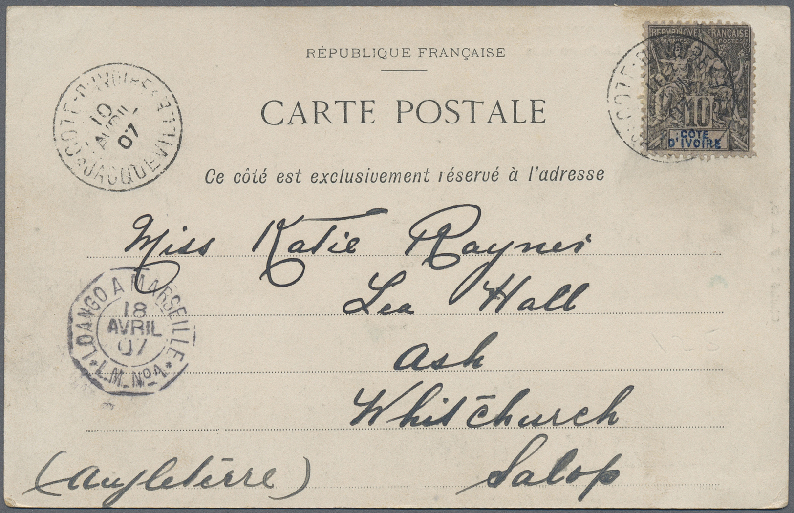 Br Elfenbeinküste: 1917. Picture Post Card Of ‘La Poste Et La Douane, Grand Bassam' Addressed To England Bearing Cote D' - Côte D'Ivoire (1960-...)