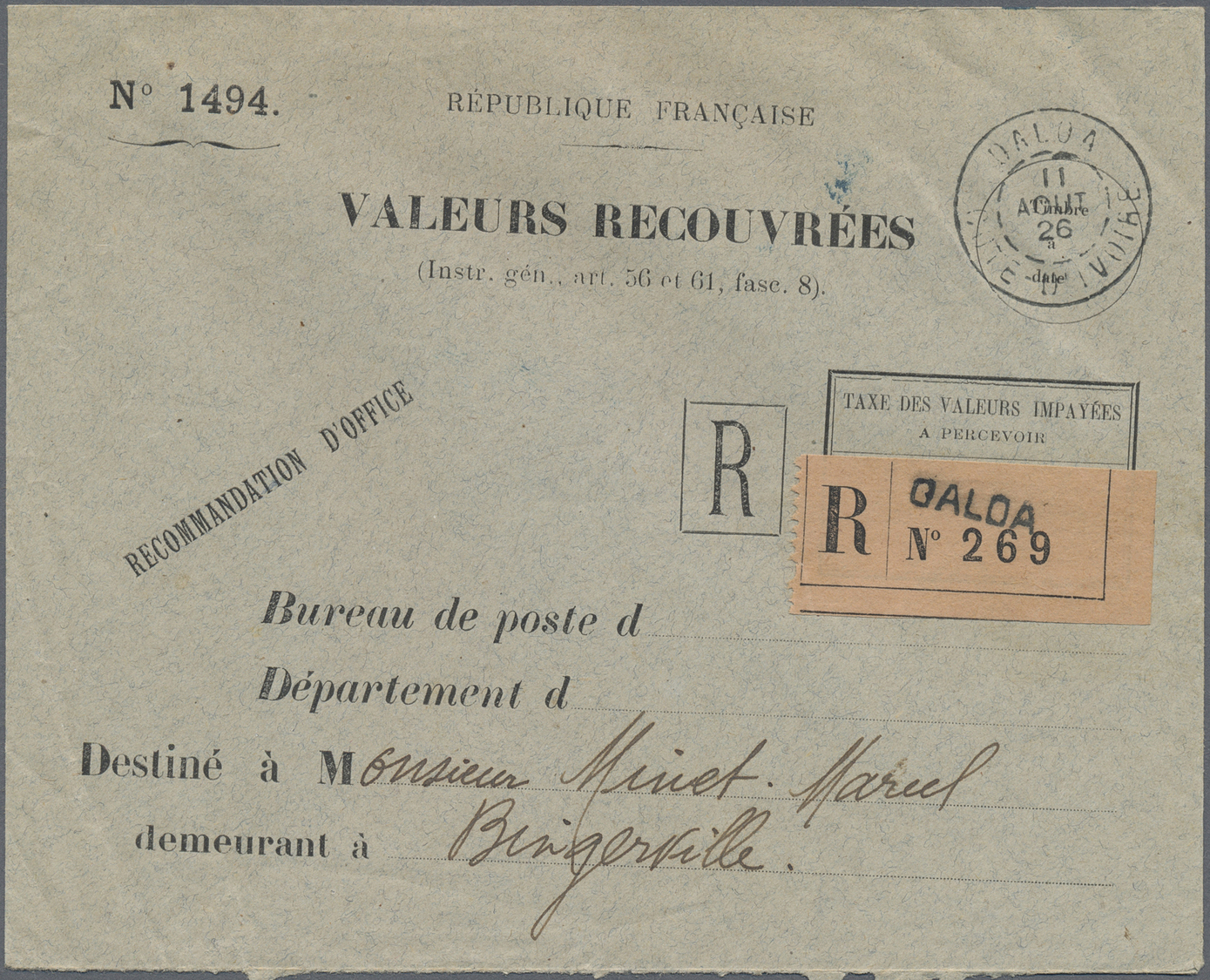Br Elfenbeinküste: 1926. Stampless Registered Envelope Headed 'Valeurs Recouvrees' Addressed To Bingerville Cancelled By - Ivory Coast (1960-...)