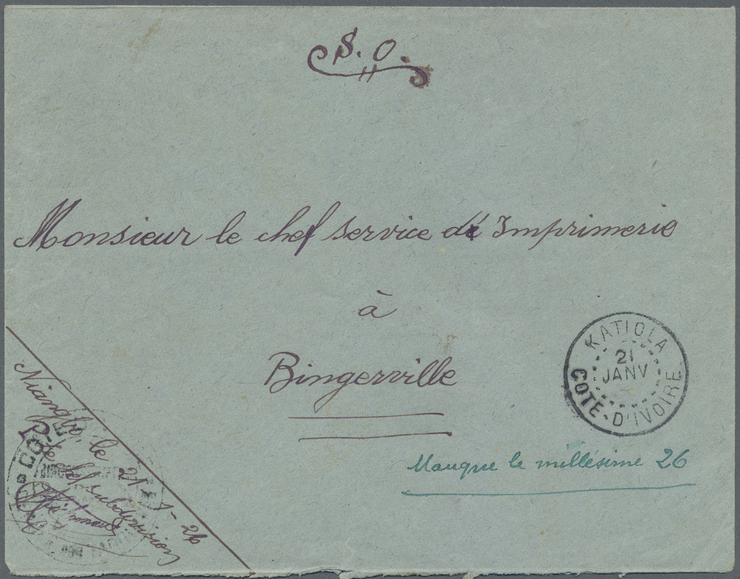 Br Elfenbeinküste: 1926. Stampless Official Envelope Addressed To Bingerville Endorsed 'S.O.' Cancelled By Katiola/Cote  - Ivory Coast (1960-...)