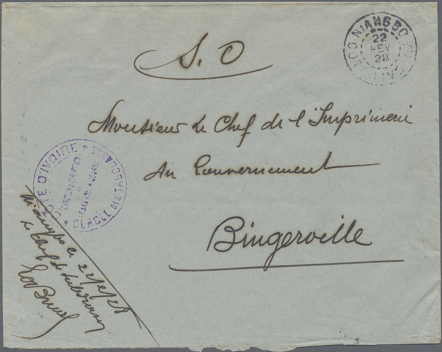 Br Elfenbeinküste: 1928. Stampless Official Envelope Addressed To Bingerville Endorsed 'S.O.' Cancelled By Niangbo/Cote  - Ivory Coast (1960-...)