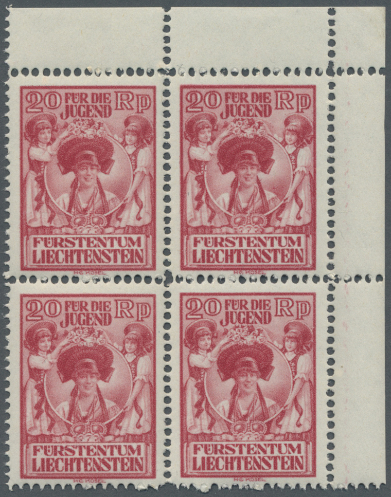**/ Liechtenstein: 1932, Jugendfürsorge, 20 Rp, Im Ungefalteten, Postfrischen Luxuseckrandblock Rechts Oben Mit PL - Lettres & Documents