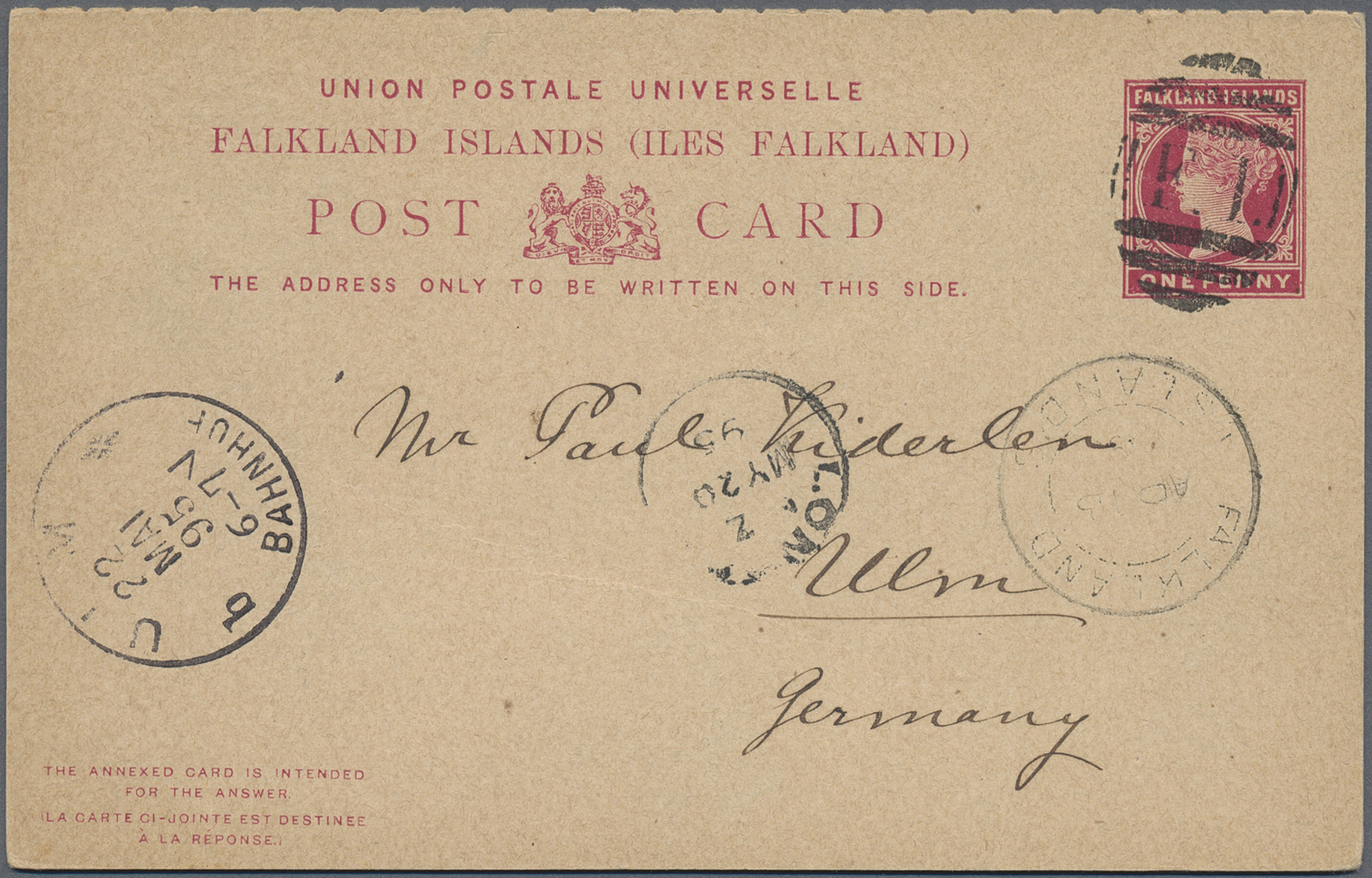 GA Falklandinseln: 1895, 1 1/2 D Stat. Card And 1 D Unsevered Reply Card Both With "F 1" Obliterator Sent Without Text T - Falkland Islands