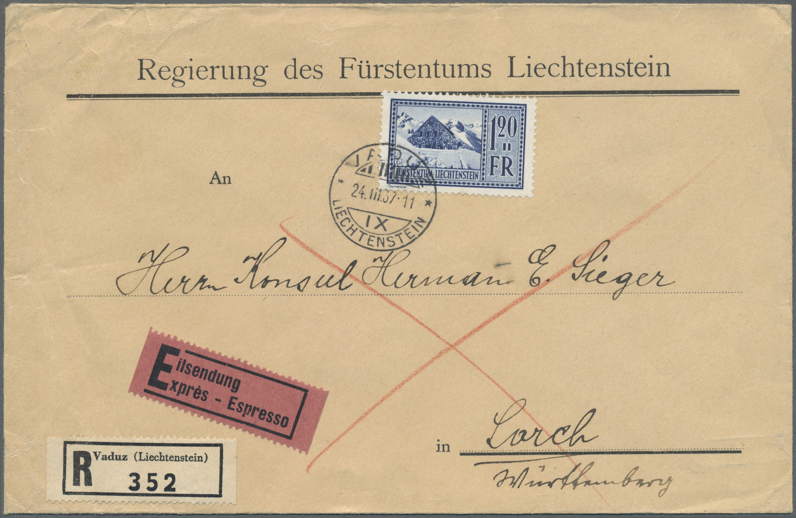 Br Liechtenstein: 1937, 1.20 Fr. Pfälzerhütte Als Portorichtige Einzelfrankatur Auf R-Eil-Brief Der Regierung An - Lettres & Documents