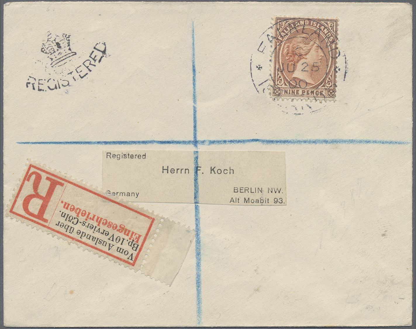 Br Falklandinseln: 1900, 9 D QV Salmon On Registered Letter Cancelled FALKLAND ISLANDS 2 JU 00 Transported By "Royal Pac - Falkland Islands