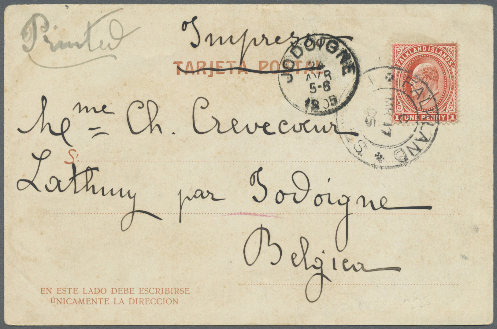Br Falklandinseln: 1904. Argentina Picture Post Card Addressed To Belgium Bearing Falkland SG 44, 1d Vermilion Tied By F - Falkland Islands
