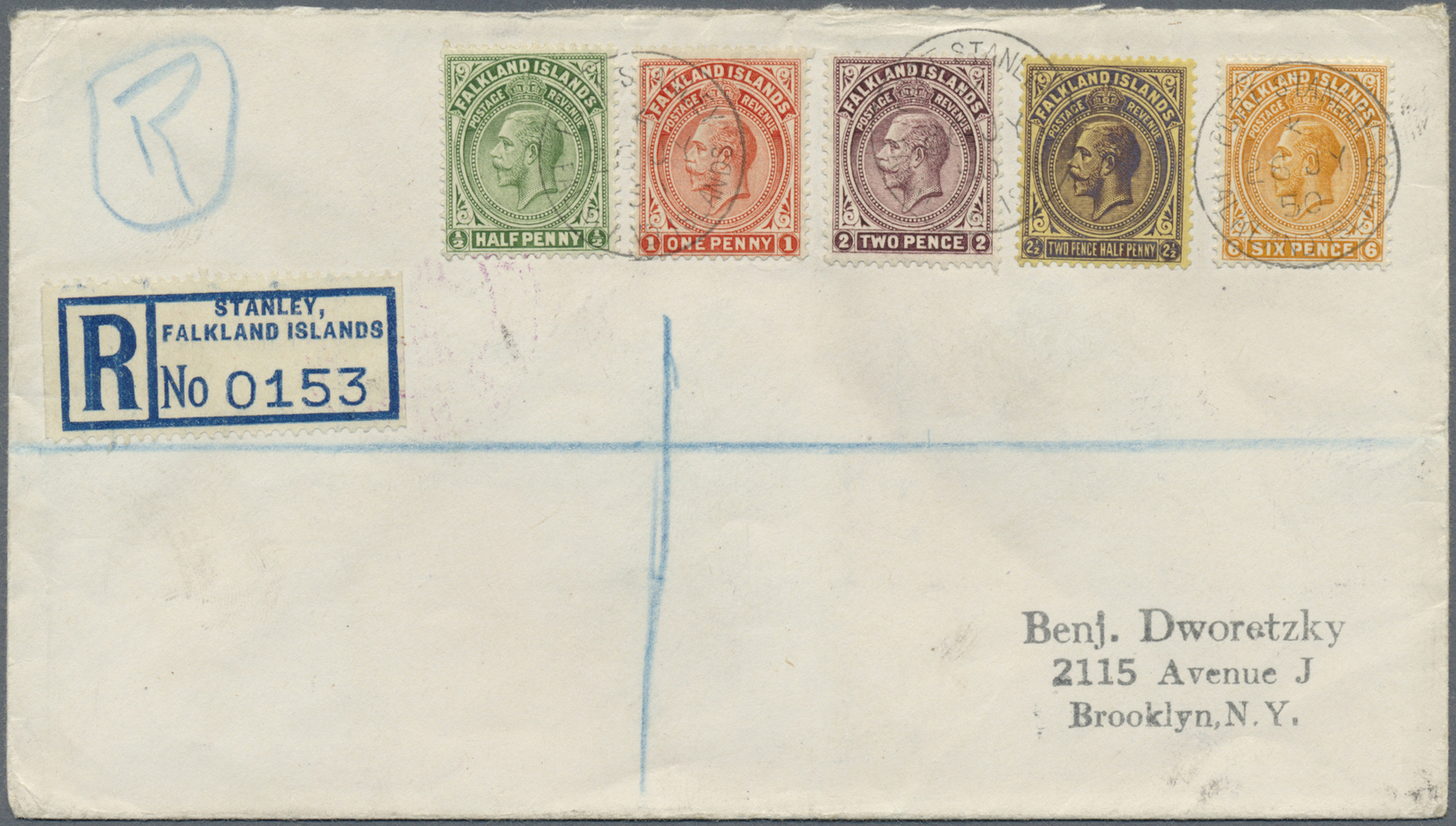 Br Falklandinseln: 1924/25, Five KGV Values On Registered Cover From "PORT STANLEY 26 JY 50" To New York With Arrival Ma - Falkland Islands