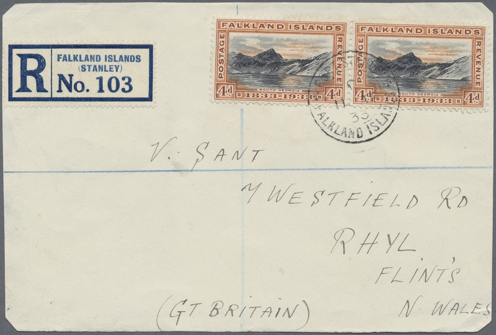 Brrst Falklandinseln: 1933, 4 Pence Falklands Jubilee On Front Of A Registered Letter From STANLEY To GB. - Falkland Islands