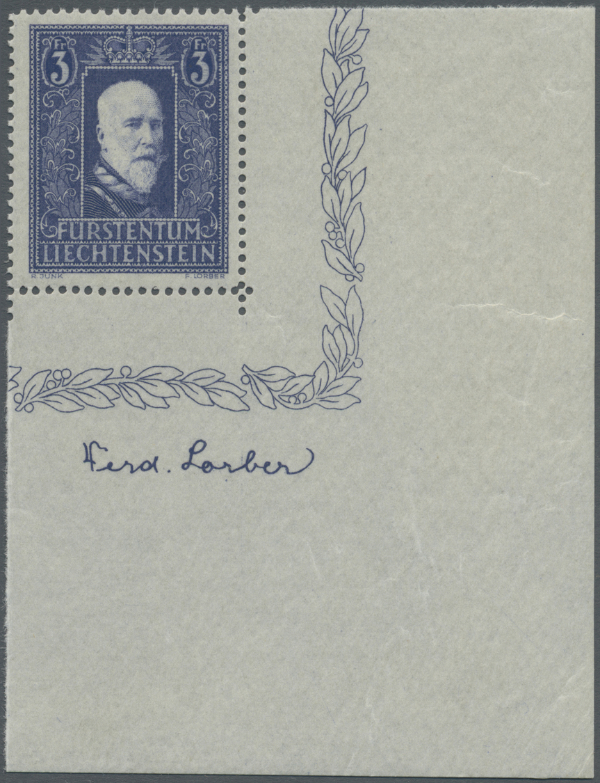 ** Liechtenstein: 1933, Fürst Franz I. 3 Fr. Als Postfrische Luxusbogenecke Rechts Unten Mit Inschrift (S.B.K. SF - Lettres & Documents