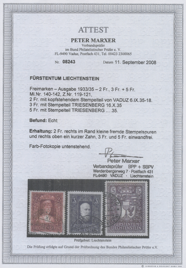 O Liechtenstein: 1933, Fürst Franz I. 3 Fr., Glasklar Gestempeltes Luxus-Stück, Fotoattest Marxer BPP (für Kompl - Lettres & Documents