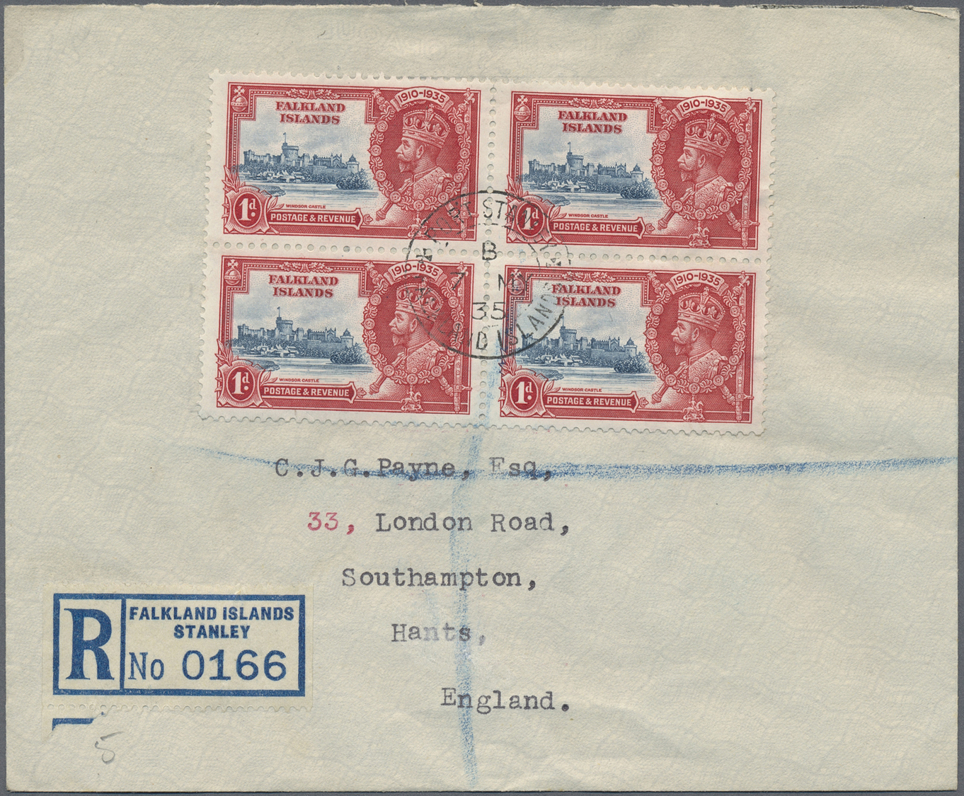 Br Falklandinseln: 1935, 1 D Coronation Jubilee Of Georg V In Block Of Four On Registered Letter Sent From STANLEY 5 MAY - Falkland Islands